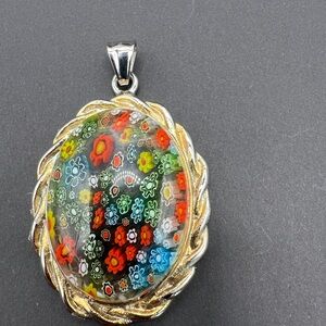Vintage Millefiori Glass Pendant Floral Mosaic Oval 2” Silver Tone Unmarked